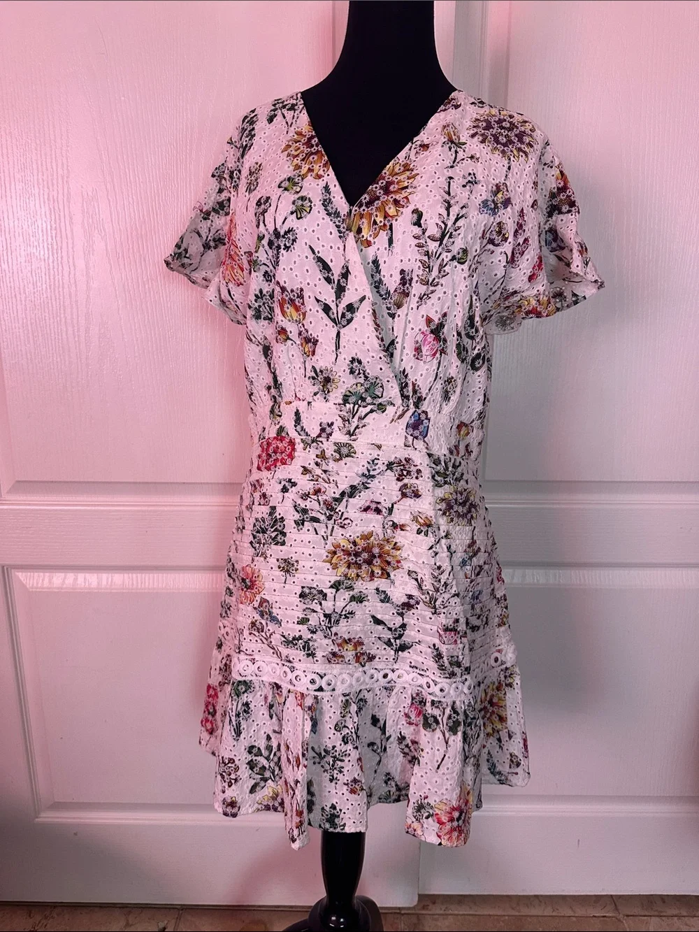 ASTR THE LABEL Floral Eyelet Wrap Mini Dress - White PLEATED Multicolor Floral
